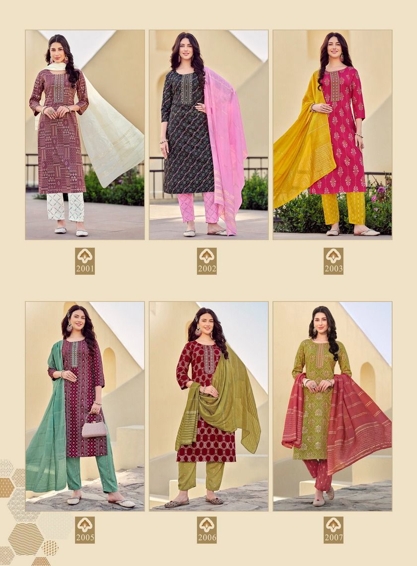 Mahiya Vol 2 By Passion Tree Rayon Gold Printed Kurti With Bottom Dupatta Wholesale Online